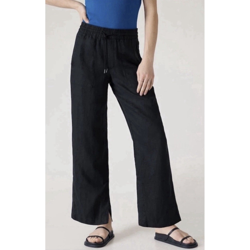 Athleta Retreat Wide Leg 100% Linen Pants Size SP Black Travel Comfort Slit Leg